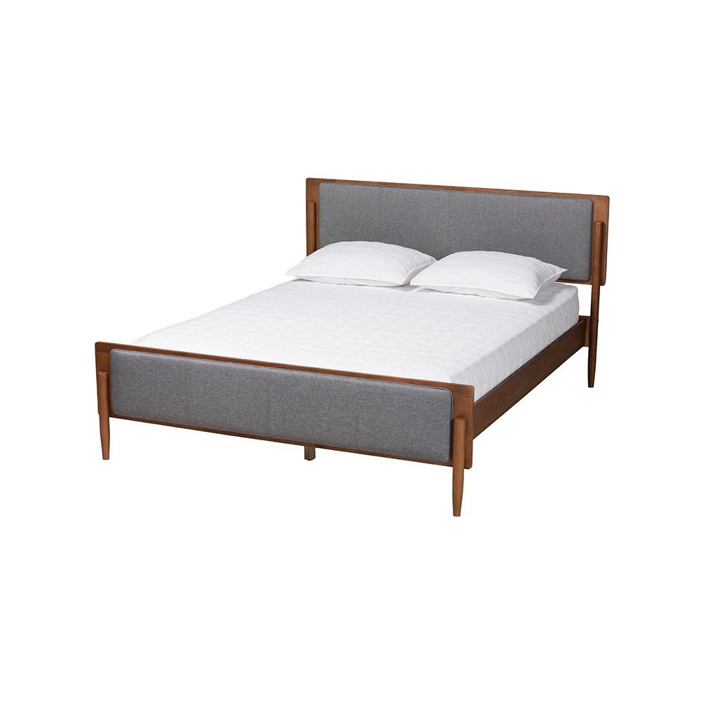 Grey Fabric and Ash Walnut Finished Wood King Size Platform Bed