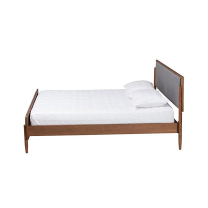 Grey Fabric and Ash Walnut Finished Wood King Size Platform Bed