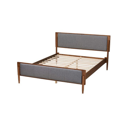 Grey Fabric and Ash Walnut Finished Wood King Size Platform Bed