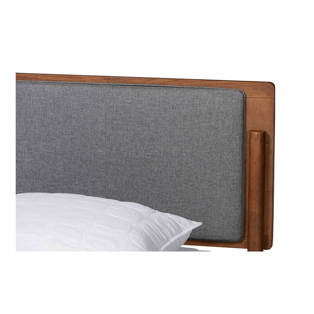 Grey Fabric and Ash Walnut Finished Wood King Size Platform Bed