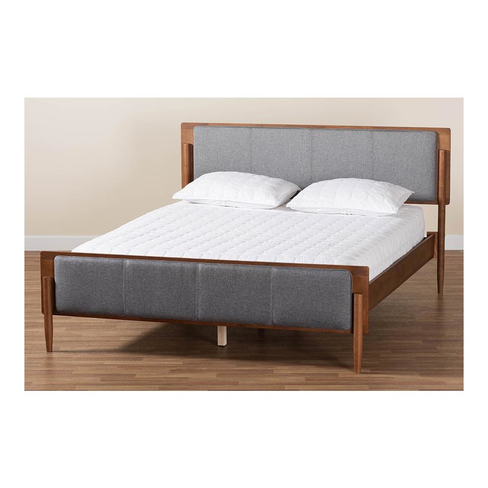 Grey Fabric and Ash Walnut Finished Wood King Size Platform Bed