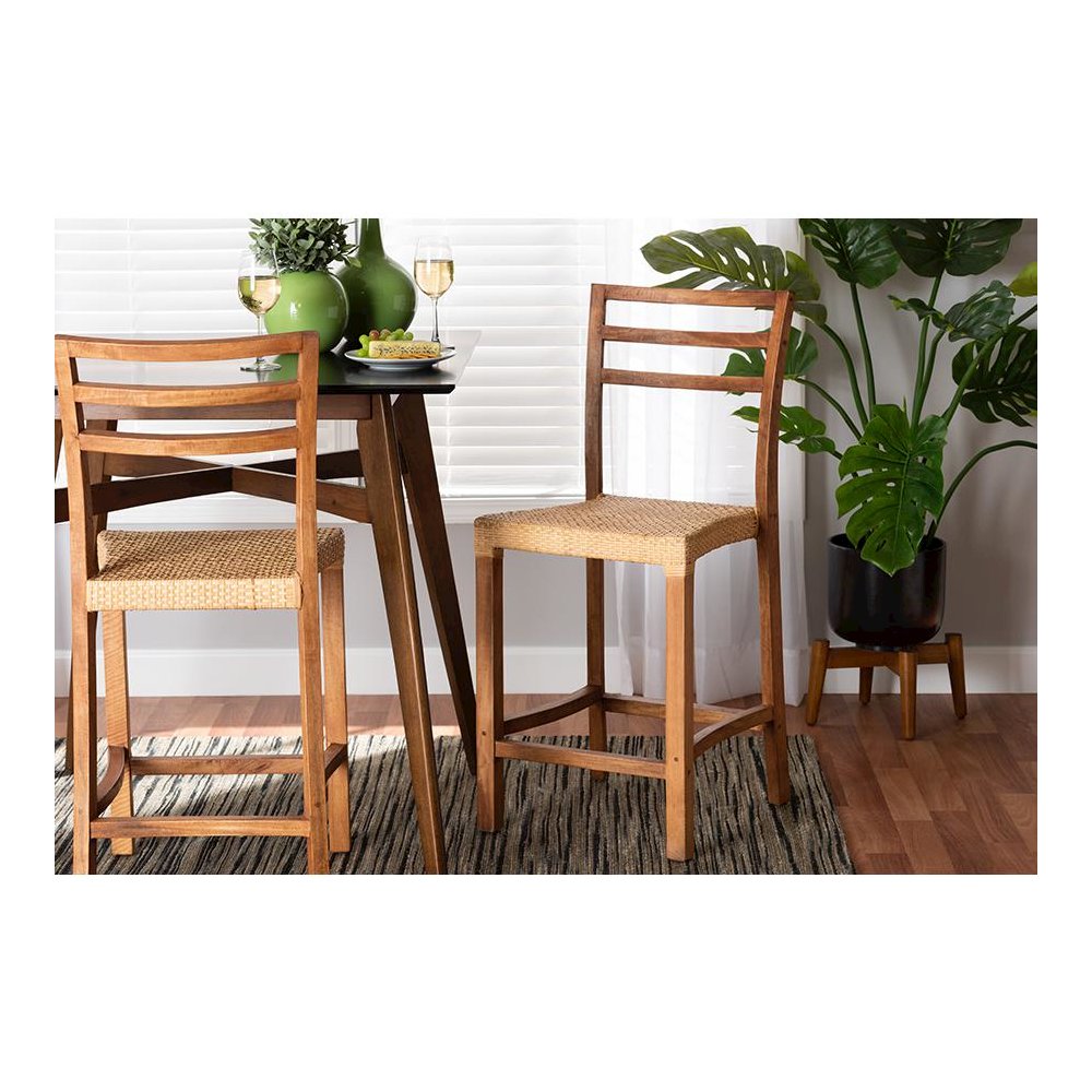 Walnut Brown Mahogany Wood and Natural Rattan Counter Stool