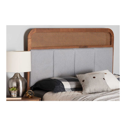 Light Grey Fabric and Ash Walnut Finished Wood King Size Headboard with Rattan