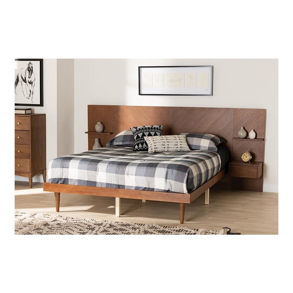 Walnut Finished Wood Queen Size Platform Storage Bed with Built-In Nightstands