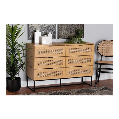 Black Metal 6-Drawer Storage Cabinet with Natural Rattan