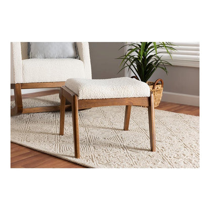 Off-White Boucle Upholstered and Walnut Brown Finished Wood Ottoman Footstool