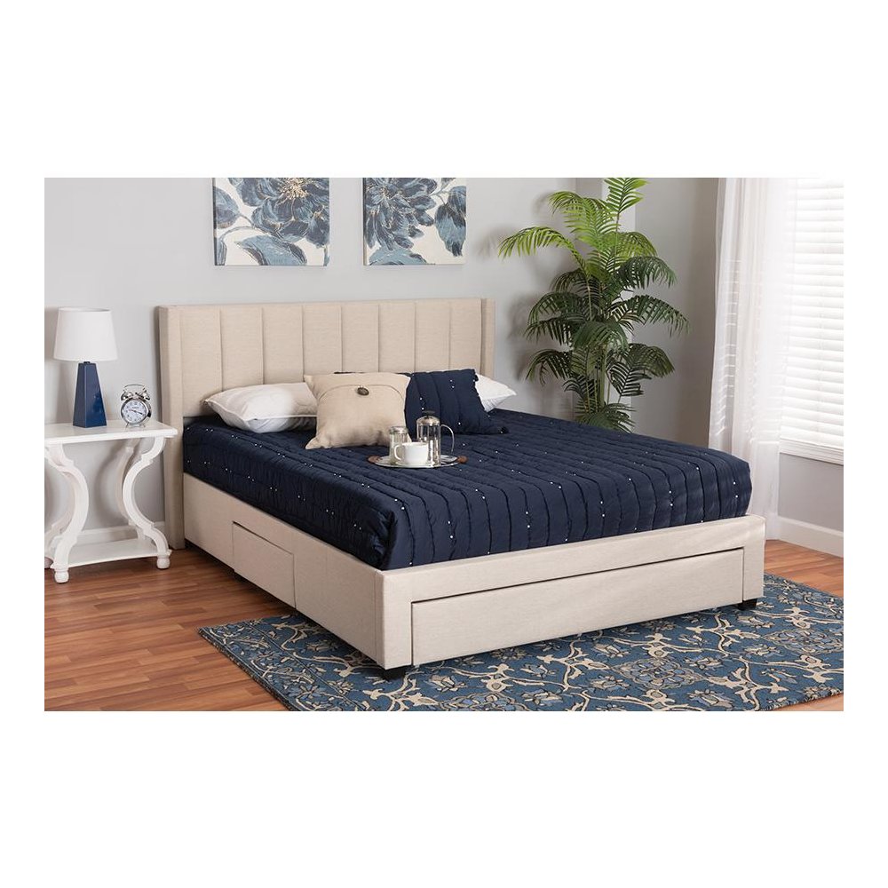Transitional Beige Fabric Full Size 3-Drawer Storage Platform Bed