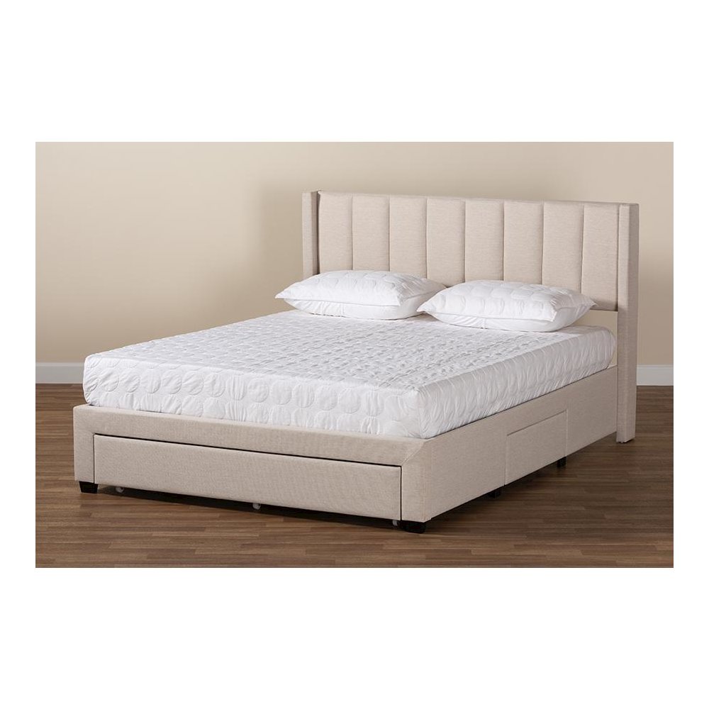 Transitional Beige Fabric Queen Size 3-Drawer Storage Platform Bed