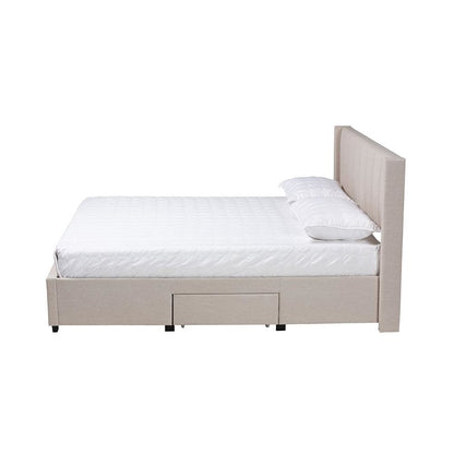 Transitional Beige Fabric Queen Size 3-Drawer Storage Platform Bed