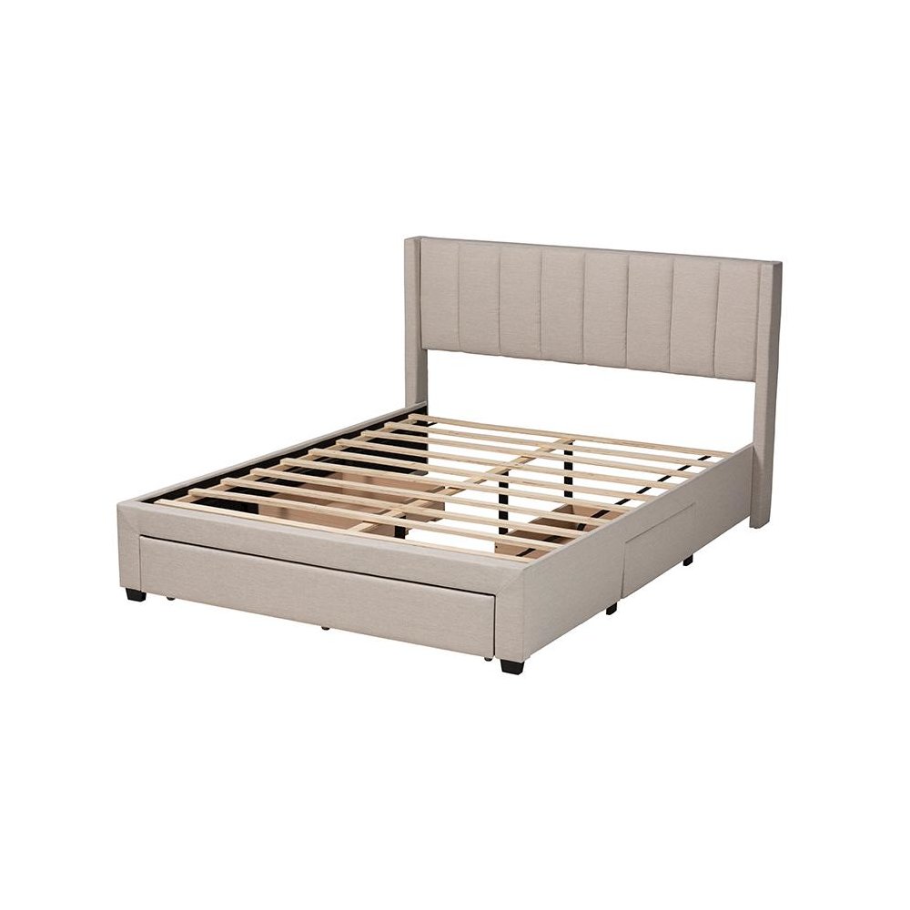 Transitional Beige Fabric Queen Size 3-Drawer Storage Platform Bed