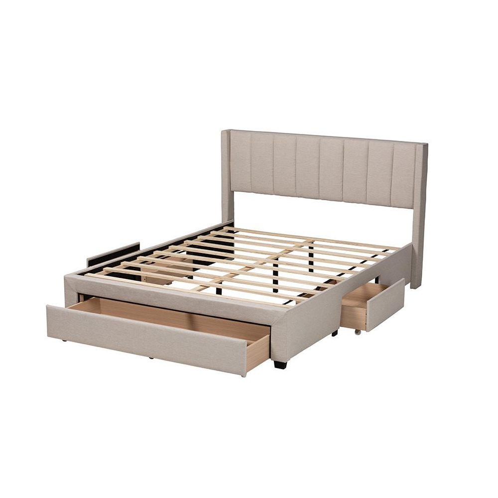 Transitional Beige Fabric Queen Size 3-Drawer Storage Platform Bed
