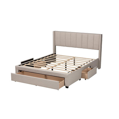 Transitional Beige Fabric Queen Size 3-Drawer Storage Platform Bed