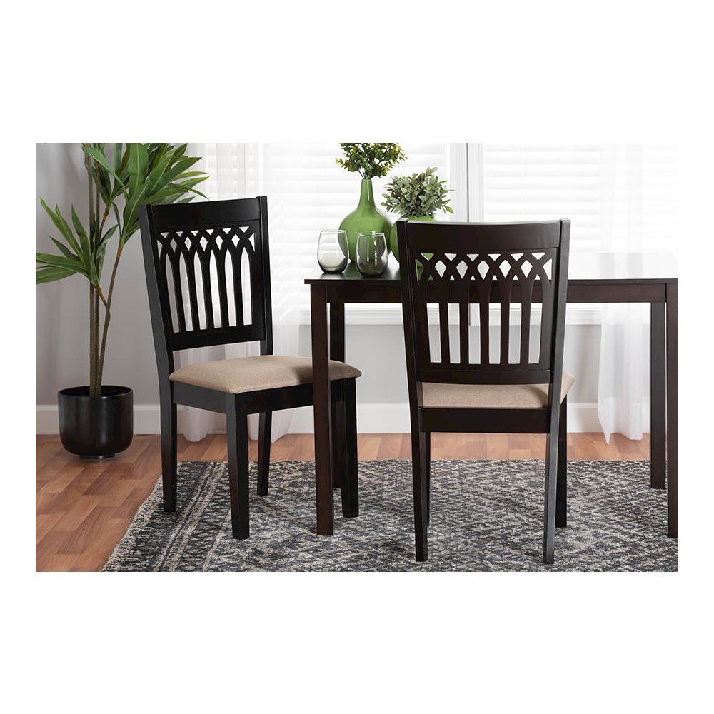 Beige Fabric and Dark Brown Finished Wood 2-Piece Dining Chair Set