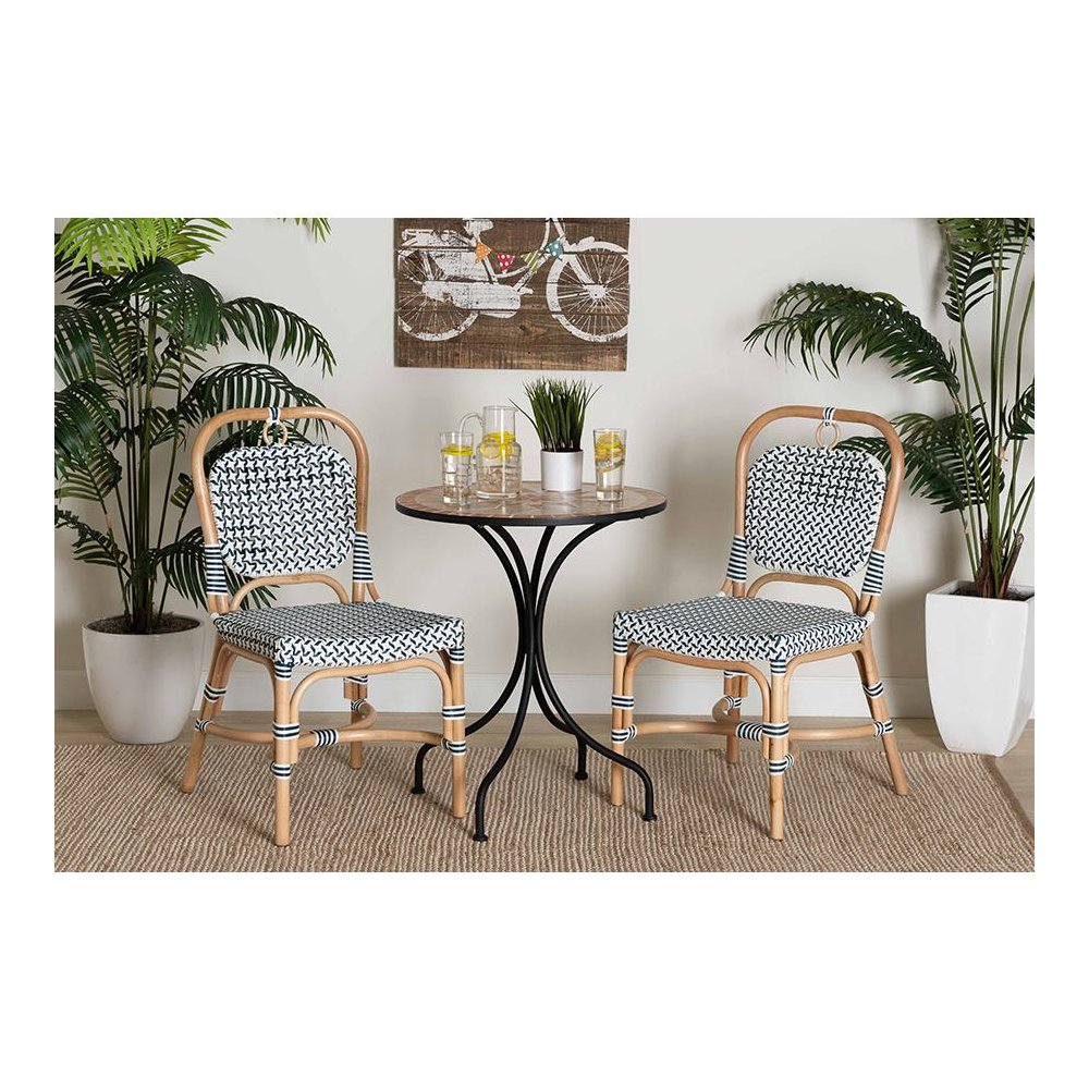 French Blue and White Weaving Natural Rattan Bistro Chair