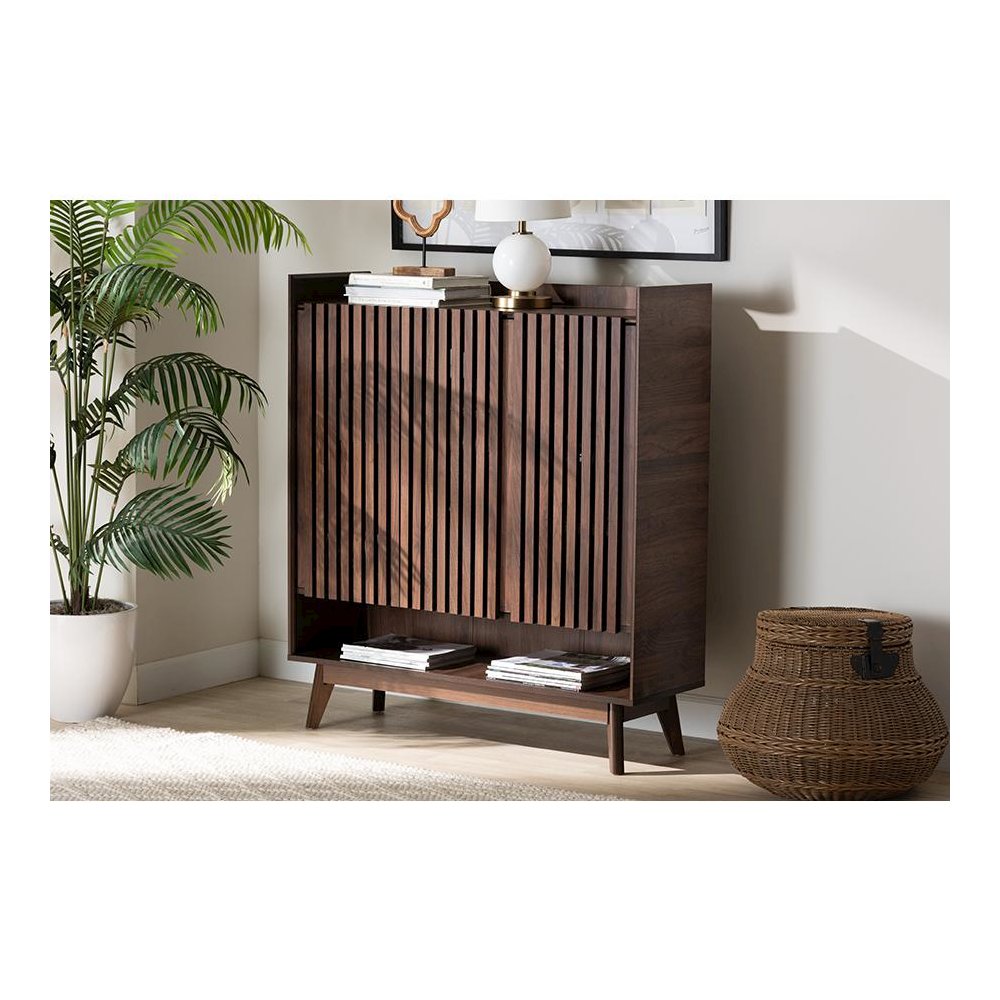 Baxton Studio Delaire Mid-Century Modern Walnut Brown Finished Wood Shoe Cabinet