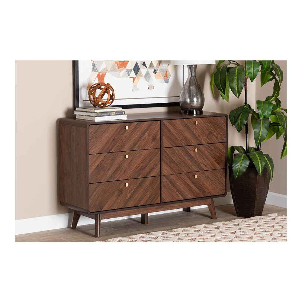 Transitional Walnut Brown Finished Wood 6-Drawer Dresser