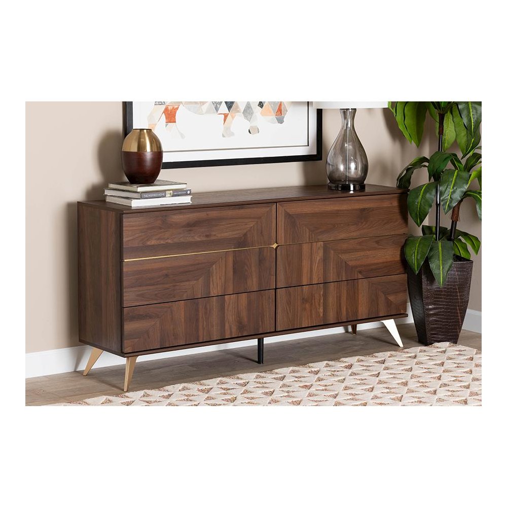 Transitional Walnut Brown Finished Wood 6-Drawer Dresser