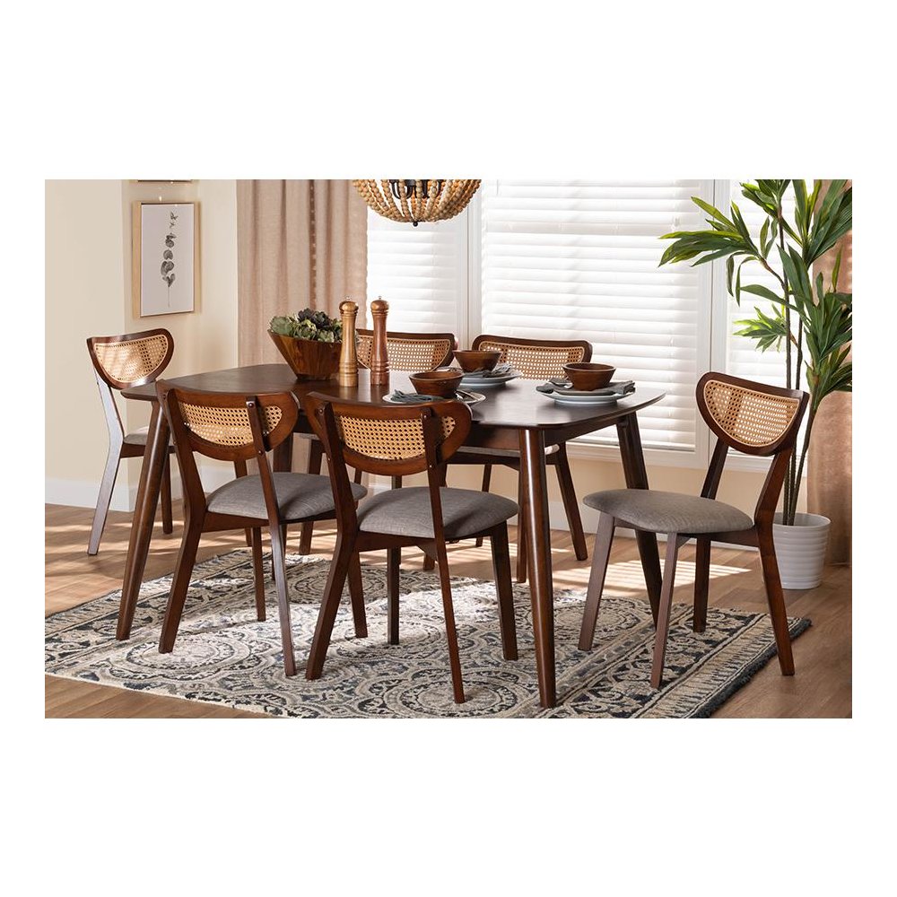 Grey Fabric and Walnut Brown Finished Wood 7-Piece Dining Set