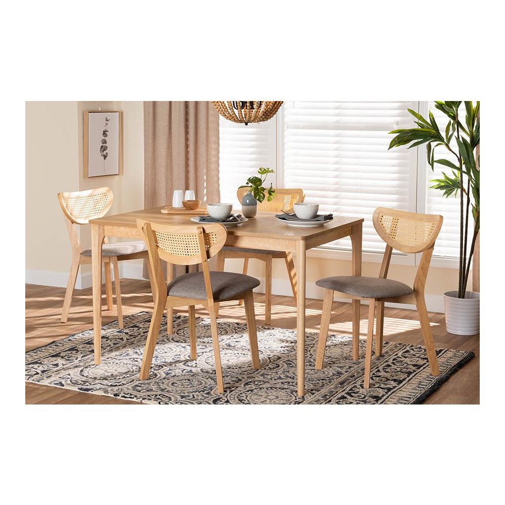 Grey Fabric and Natural Oak Finished Wood 5-Piece Dining Set