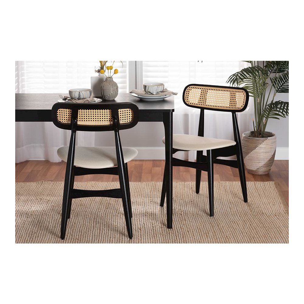 Cream Fabric and Black Finished Wood 2-Piece Dining Chair Set