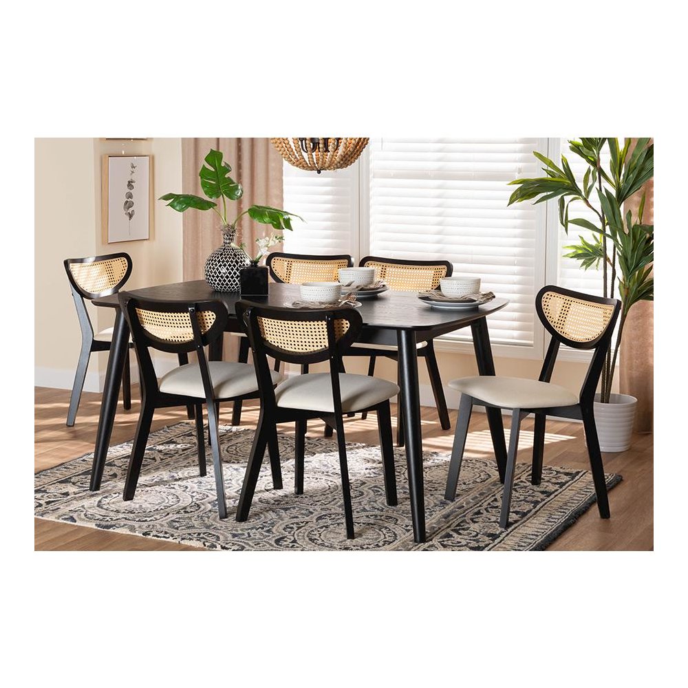 Cream Fabric and Black Finished Wood 7-Piece Dining Set