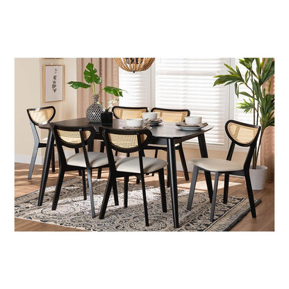 Cream Fabric and Black Finished Wood 7-Piece Dining Set