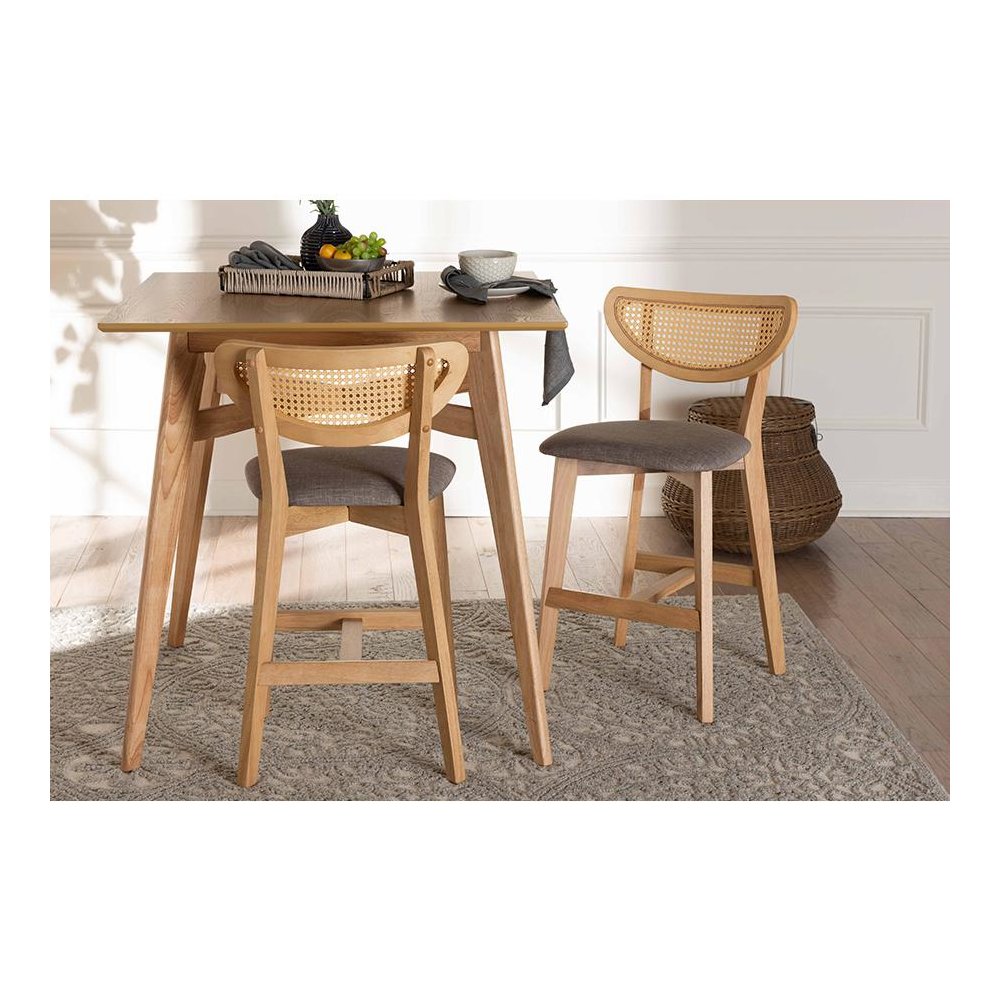 Modern Grey Fabric and Natural Oak Finished Wood 2-Piece Counter Stool Set