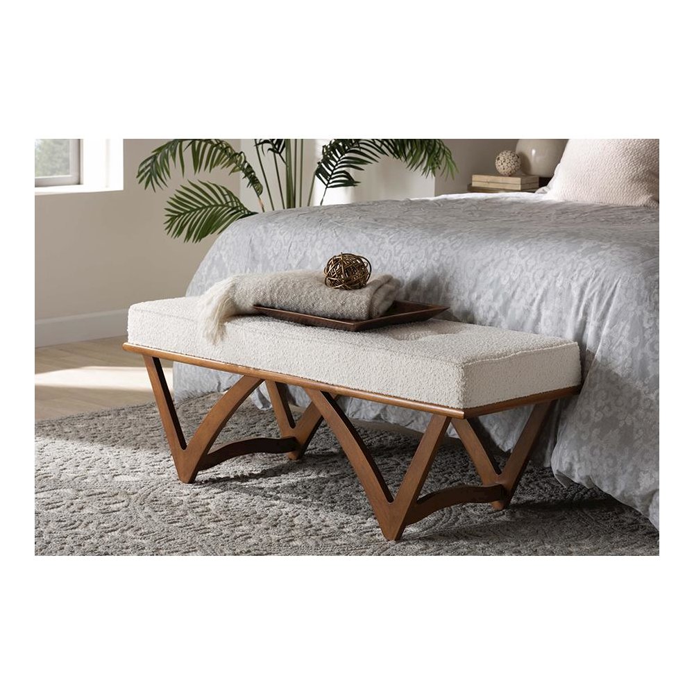 Chenoa Japandi Cream Boucle Fabric and Walnut Brown Finished Wood Bench