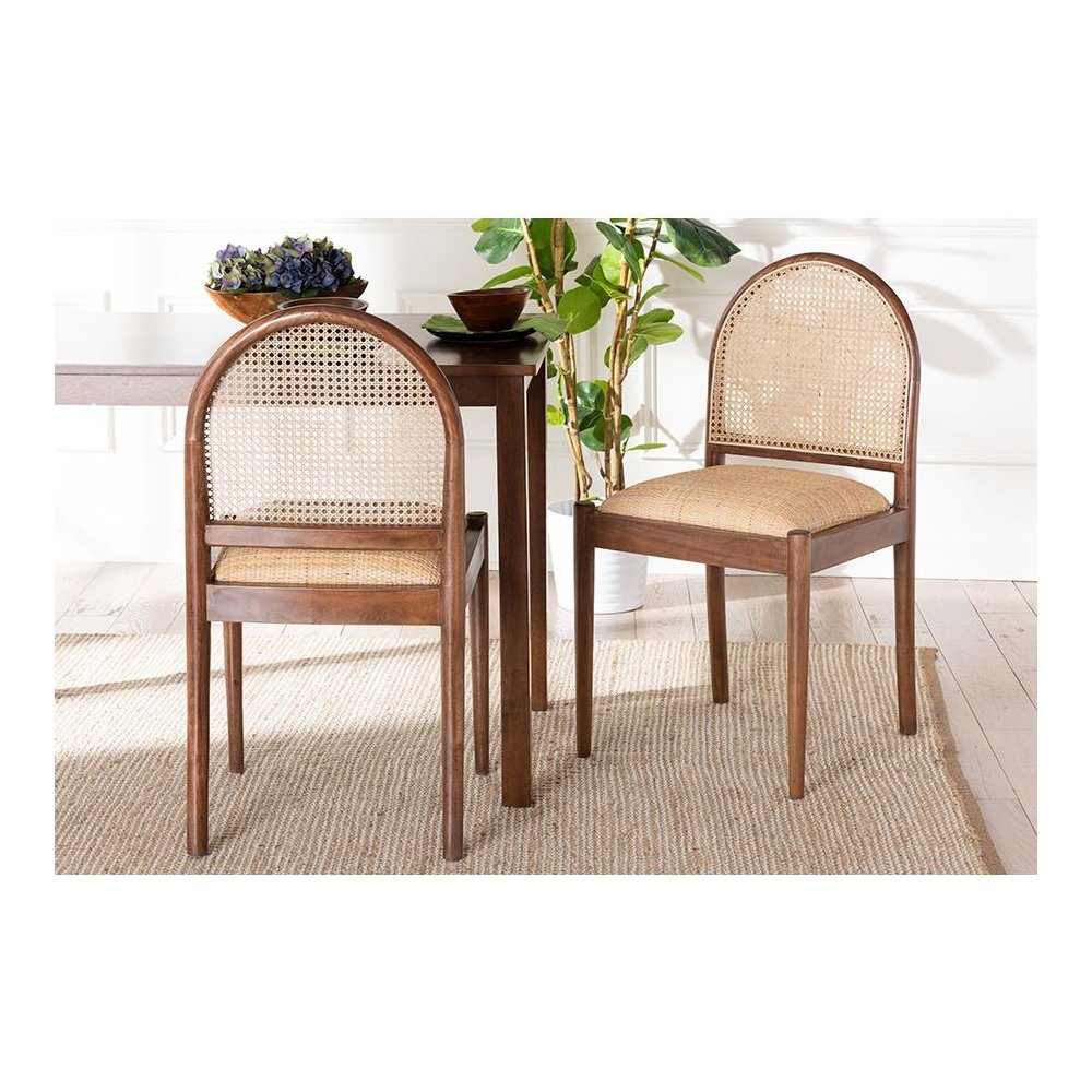 Natural Rattan and Acacia Wood 2-Piece Dining Chair Set