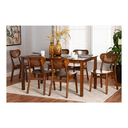Walnut Brown Finished Wood and Woven Rattan 7-Piece Dining Set