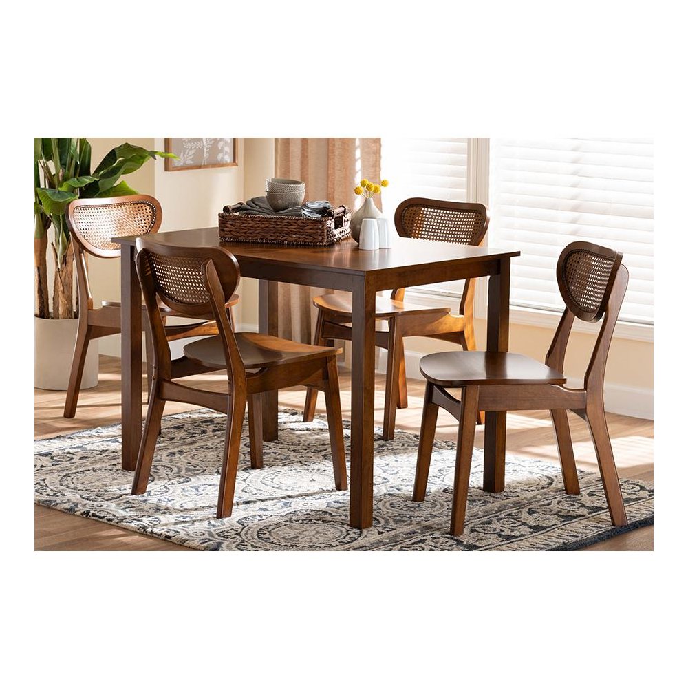 Walnut Brown Finished Wood and Woven Rattan 5-Piece Dining Set
