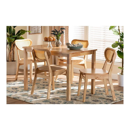 Oak Brown Finished Wood and Rattan 5-Piece Dining Set