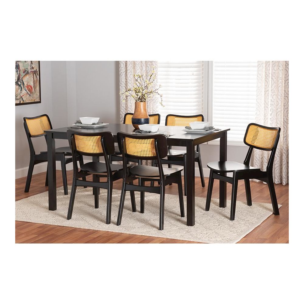 Estera Mid-Century Modern Dark Brown Finished Wood and Rattan 7-Piece Dining Set