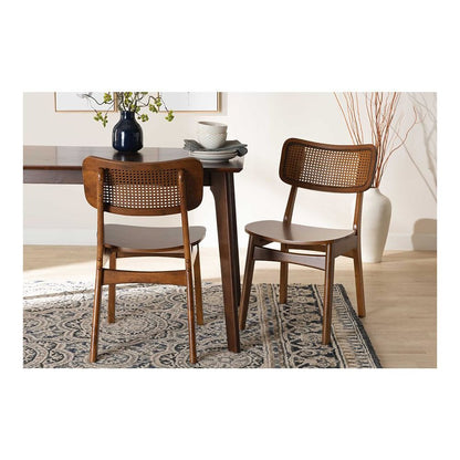 Walnut Brown Finished Wood and Rattan 2-Piece Dining Chair Set