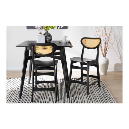 Dark Brown Finished Wood and Rattan 2-Piece Counter Stool Set
