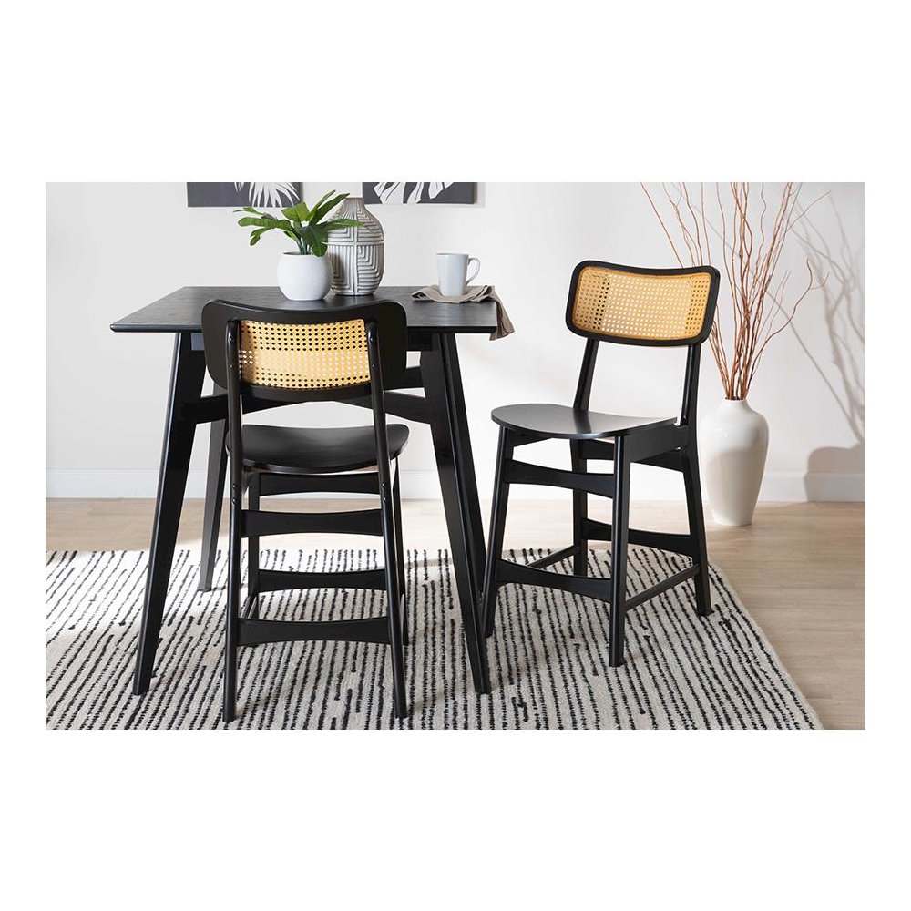 Dark Brown Finished Wood and Rattan 2-Piece Counter Stool Set