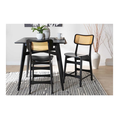Dark Brown Finished Wood and Rattan 2-Piece Counter Stool Set