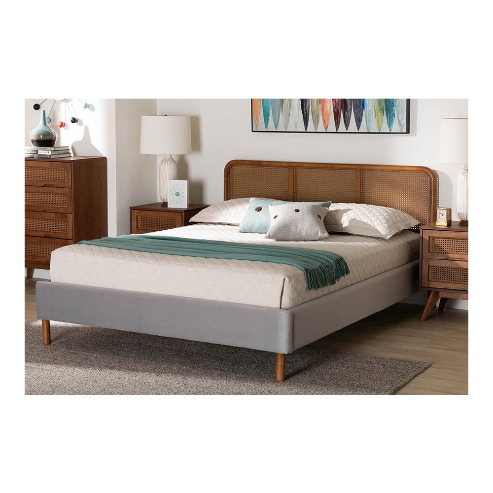 Light Grey Velvet Fabric and Walnut Brown Finished Wood Queen Size Platform Bed