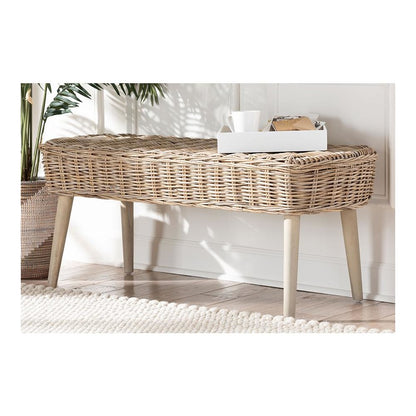 Raisa Modern Bohemian Natural Kubu Rattan and Grey Acacia Wood Accent Bench