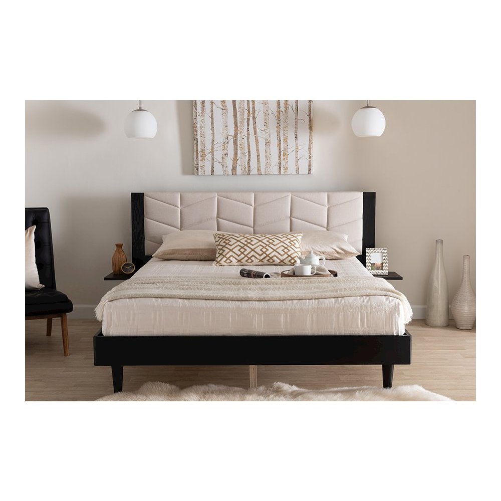 Beige Fabric and Black Wood Queen Size Bed with Built-In Side Tables