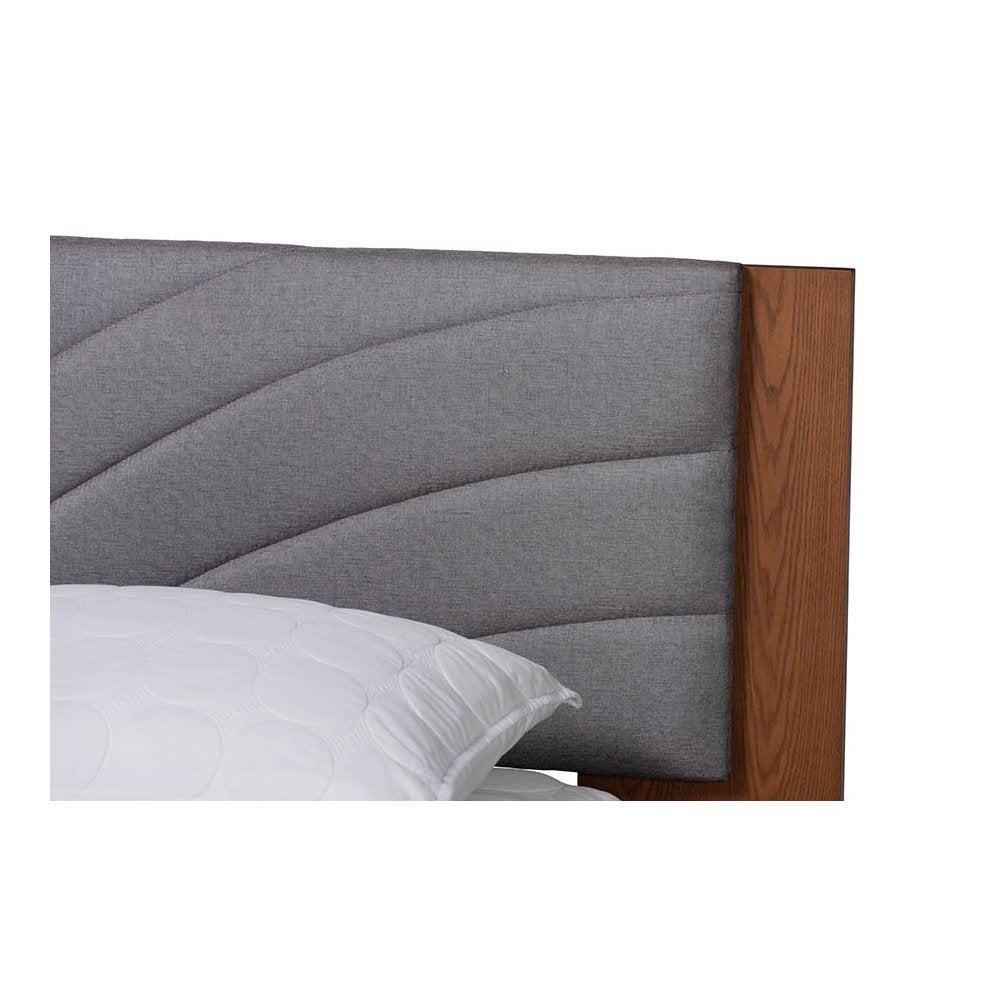 Walnut Brown Wood King Size Platform Bed With Floating Side Table