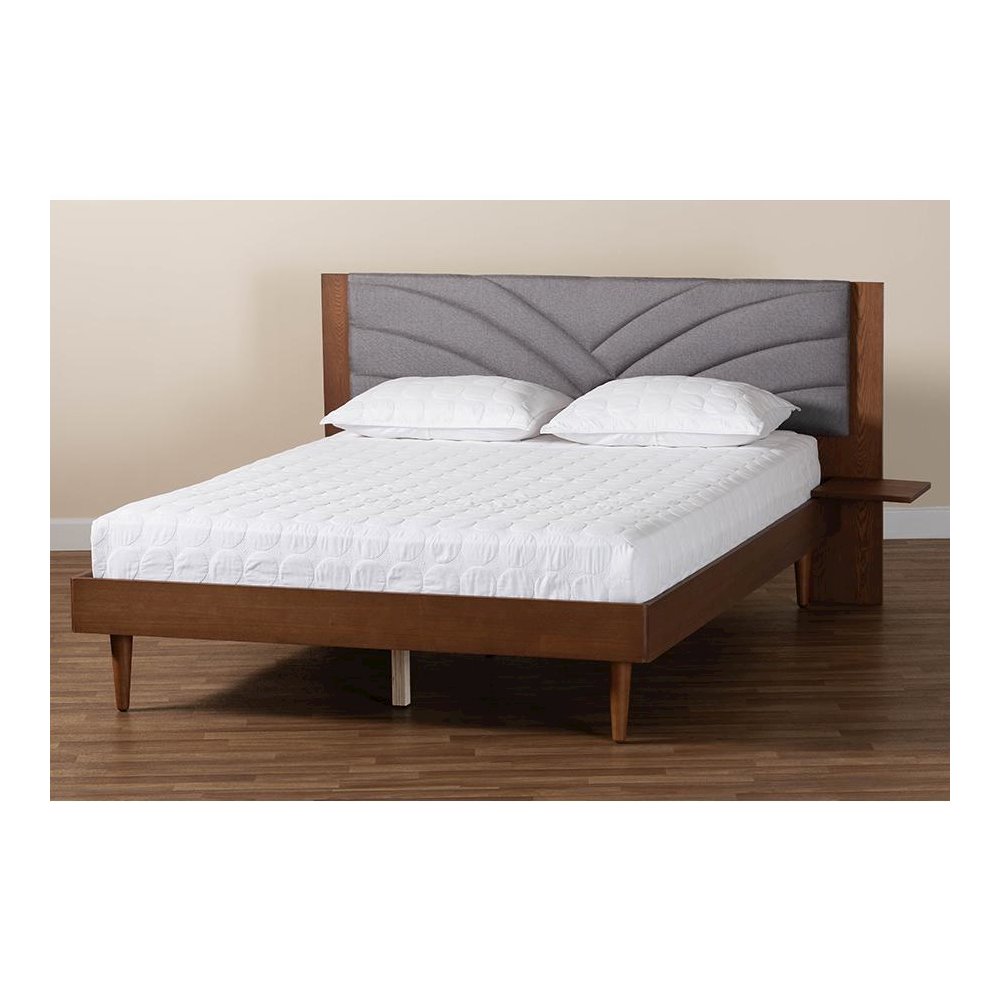 Walnut Brown Wood King Size Platform Bed With Floating Side Table