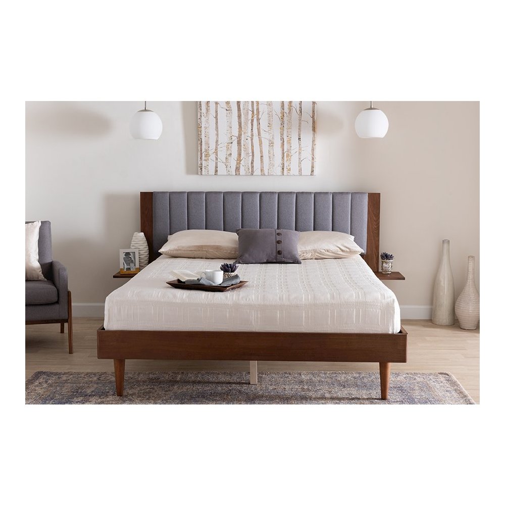 Grey Fabric and Walnut Brown Wood Queen Size Bed with Built-In Side Tables