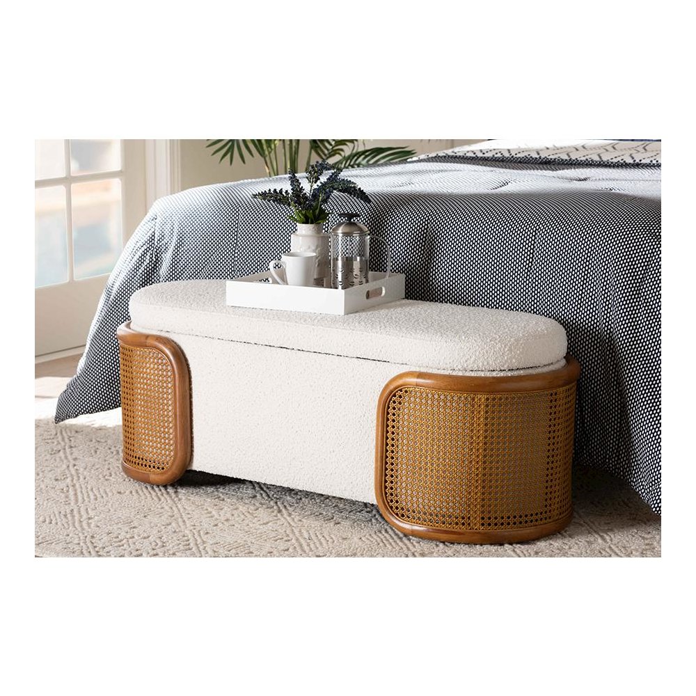 Baxton Studio Basira Japandi Cream Boucle Fabric Storage Bench with Woven Rattan