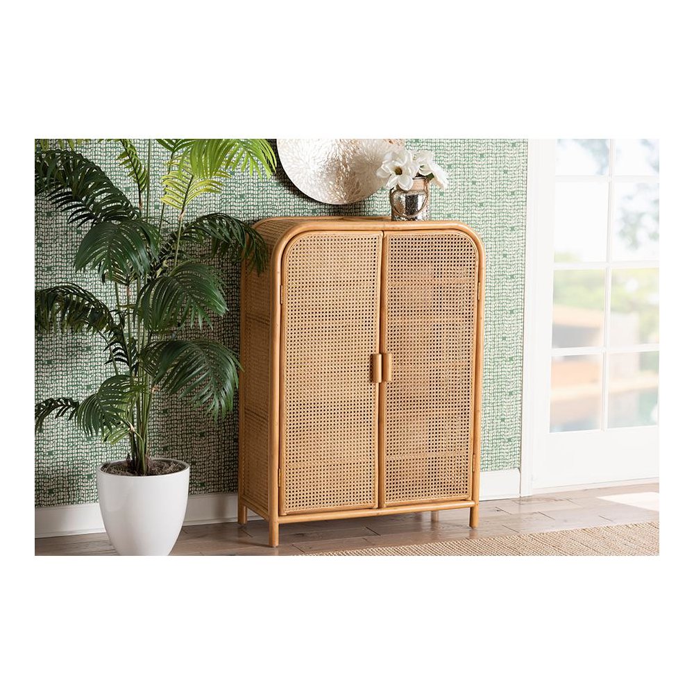 Curacao Modern Bohemian Light Honey Rattan 2-Door Storage Cabinet