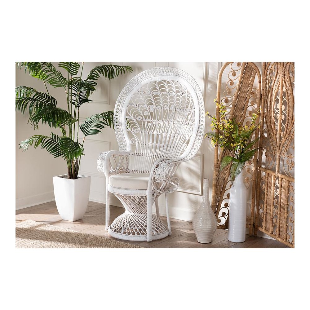 Kallima Modern Bohemian White Natural Rattan Peacock Chair