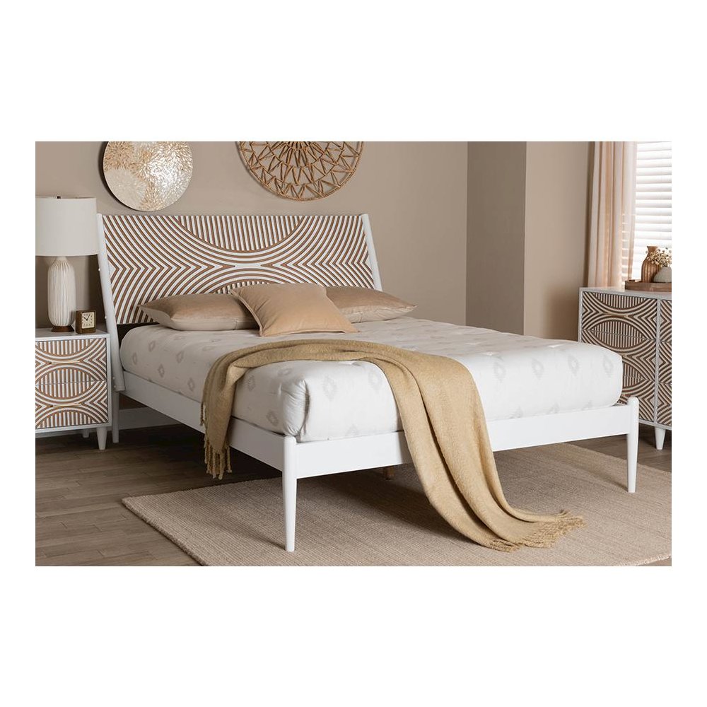 Louetta Coastal White Queen Size Platform Bed with Carved Contrasting Headboard