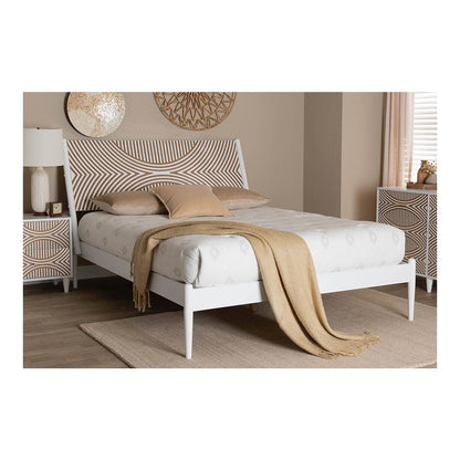Louetta Coastal White Queen Size Platform Bed with Carved Contrasting Headboard