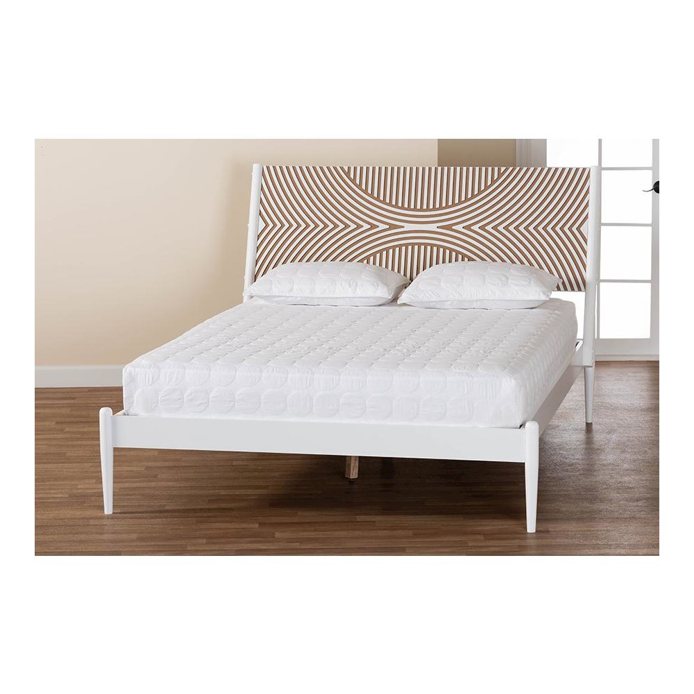 Louetta Coastal White King Size Platform Bed with Carved Contrasting Headboard