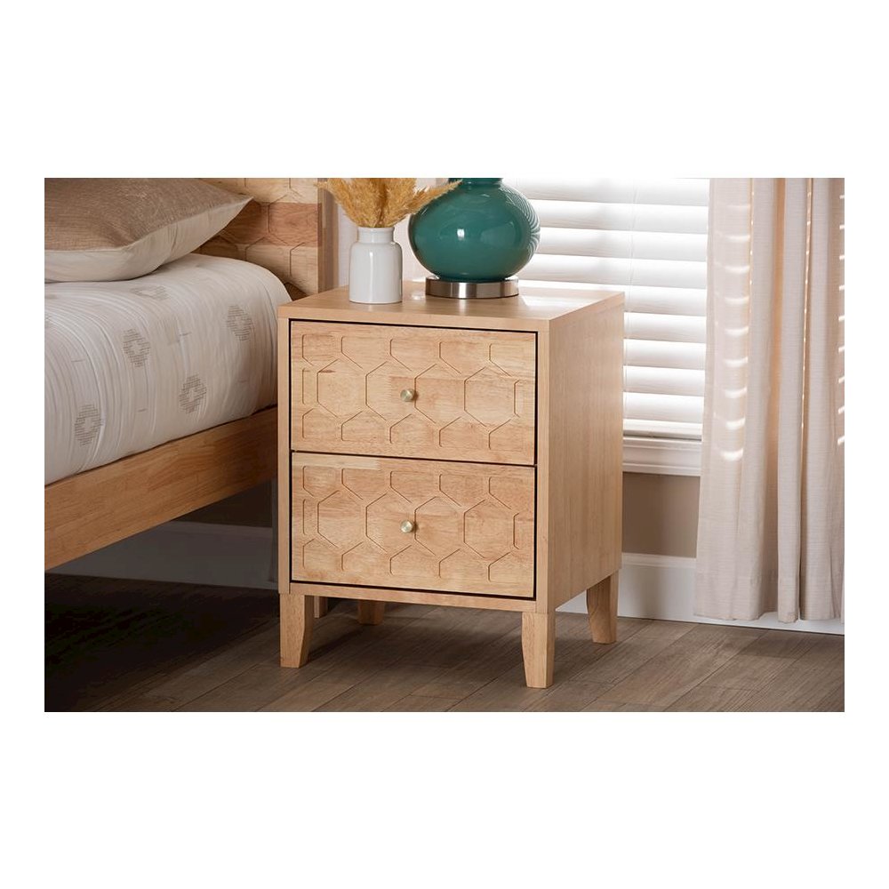 Hosea Japandi Carved Honeycomb Natural 2-Drawer Nightstand